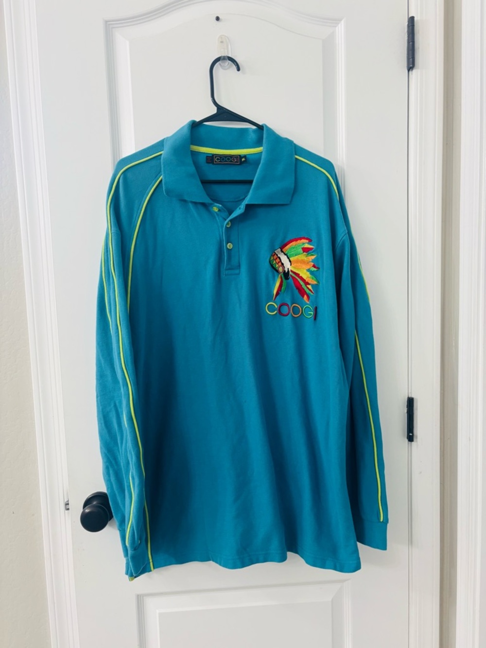 Y2K COOGI Australia Teal Polo with Neon Yellow Trim and Multicolor Logo